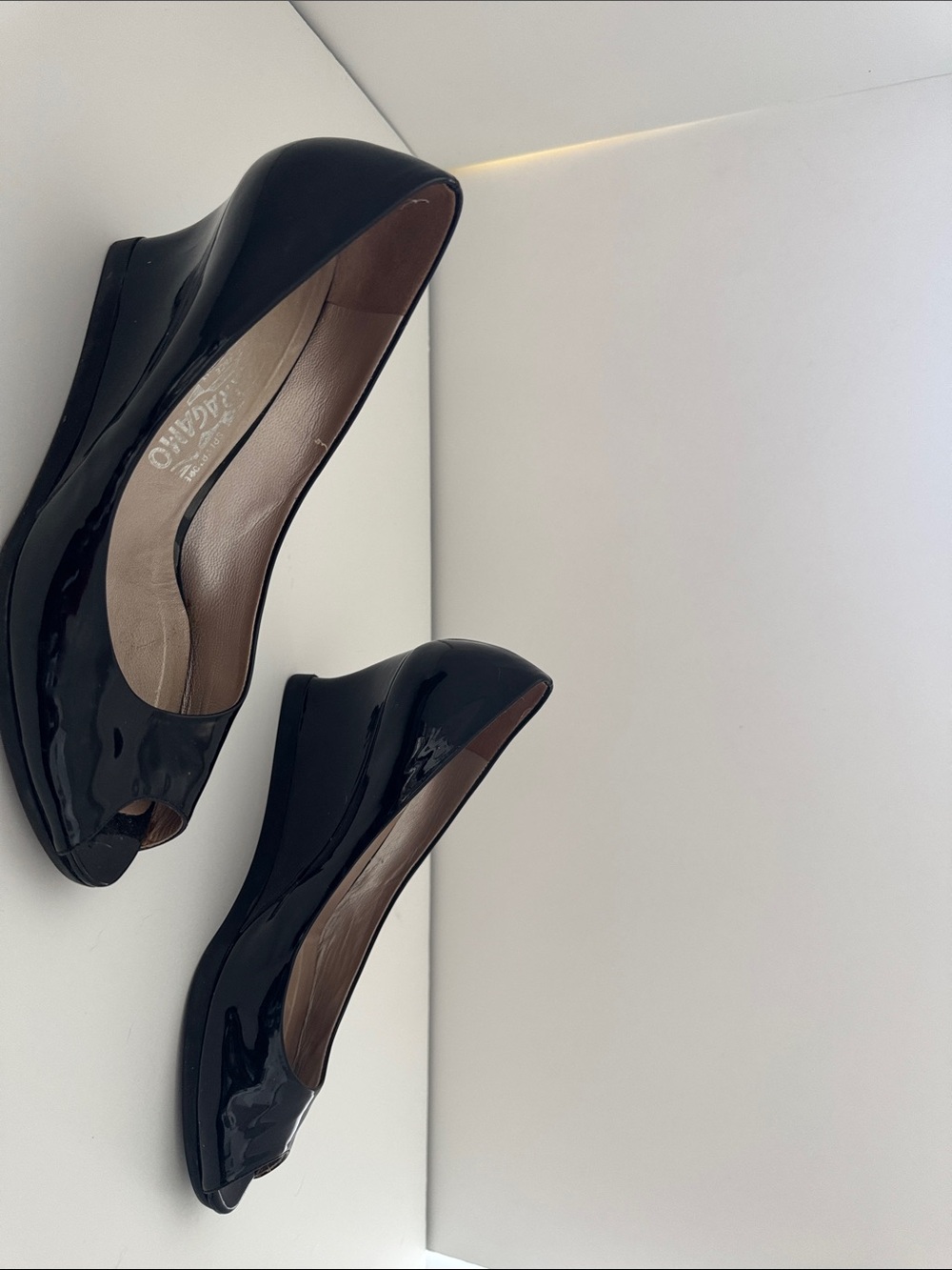 Salvatore Ferragamo Black Patent Peep-Toe Wedge Heels
